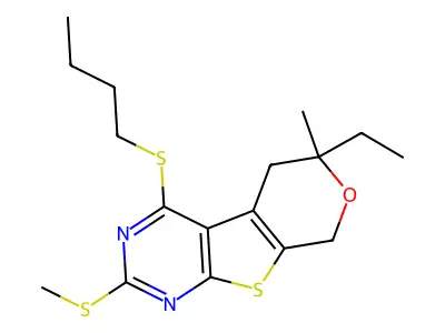 4-(butylsulfanyl)-6-ethyl-6-methyl-2-(methylsulfanyl)-5,8-dihydro-6H-pyrano[4',3':4,5]thieno[2,3-d]pyrimidine structure