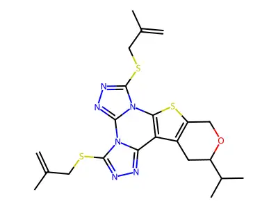 12-isopropyl-3,7-bis((2-methylallyl)thio)-12,13-dihydro-10H-pyrano[4',3':4,5]thieno[3,2-e]bis([1,2,4]triazolo)[4,3-a:4',3'-c]pyrimidine structure