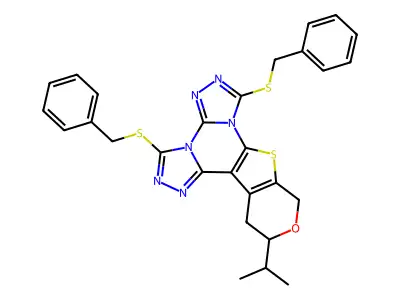 3,7-bis(benzylthio)-12-isopropyl-12,13-dihydro-10H-pyrano[4',3':4,5]thieno[3,2-e]bis([1,2,4]triazolo)[4,3-a:4',3'-c]pyrimidine structure