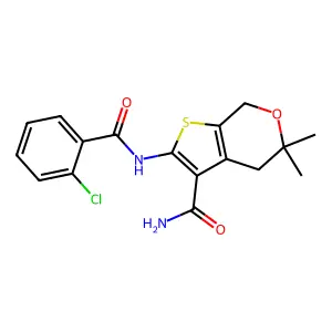 2-[(2-chlorobenzoyl)amino]-5,5-dimethyl-4,7-dihydrothieno[2,3-c]pyran-3-carboxamide structure