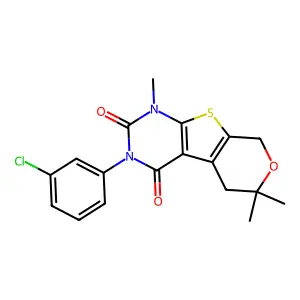 3-(3-chlorophenyl)-1,6,6-trimethyl-1,5,6,8-tetrahydro-2H-pyrano[4',3':4,5]thieno[2,3-d]pyrimidine-2,4(3H)-dione structure