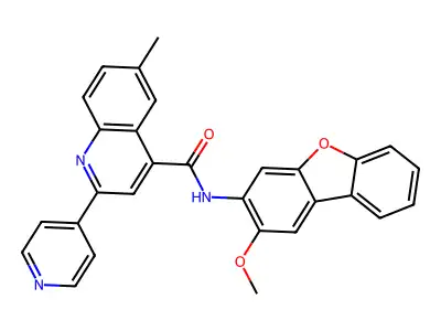 N-(2-methoxydibenzofuran-3-yl)-6-methyl-2-pyridin-4-ylquinoline-4-carboxamide structure