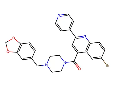 [4-(1,3-benzodioxol-5-ylmethyl)piperazin-1-yl]-(6-bromo-2-pyridin-4-ylquinolin-4-yl)methanone structure
