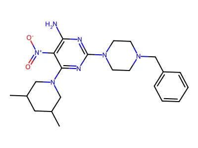 2-(4-benzylpiperazin-1-yl)-6-(3,5-dimethylpiperidin-1-yl)-5-nitropyrimidin-4-amine structure