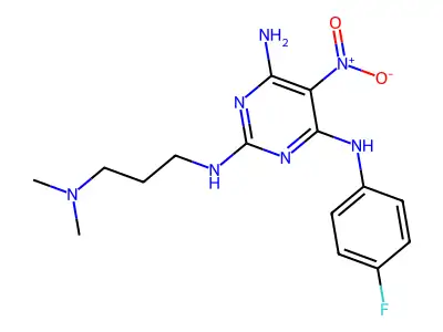 N~2~-[3-(dimethylamino)propyl]-N~4~-(4-fluorophenyl)-5-nitropyrimidine-2,4,6-triamine structure