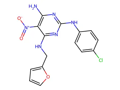 2-N-(4-chlorophenyl)-4-N-(furan-2-ylmethyl)-5-nitropyrimidine-2,4,6-triamine structure