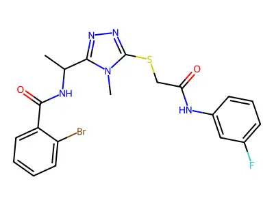 2-bromo-N-{1-[5-({2-[(3-fluorophenyl)amino]-2-oxoethyl}sulfanyl)-4-methyl-4H-1,2,4-triazol-3-yl]ethyl}benzamide structure