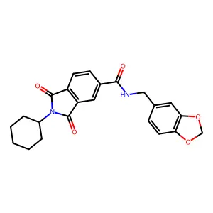 N-(1,3-benzodioxol-5-ylmethyl)-2-cyclohexyl-1,3-dioxoisoindole-5-carboxamide structure