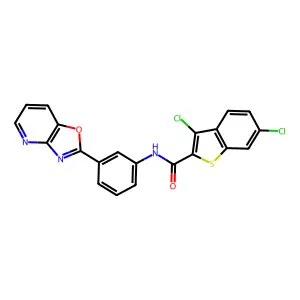 3,6-dichloro-N-[3-([1,3]oxazolo[4,5-b]pyridin-2-yl)phenyl]-1-benzothiophene-2-carboxamide structure