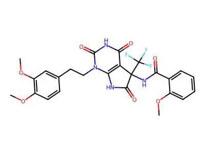 N-[1-[2-(3,4-dimethoxyphenyl)ethyl]-2,4,6-trioxo-5-(trifluoromethyl)-7H-pyrrolo[2,3-d]pyrimidin-5-yl]-2-methoxybenzamide structure