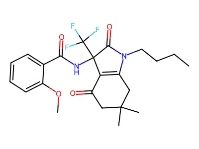 N-[1-butyl-6,6-dimethyl-2,4-dioxo-3-(trifluoromethyl)-2,3,4,5,6,7-hexahydro-1H-indol-3-yl]-2-methoxybenzamide structure