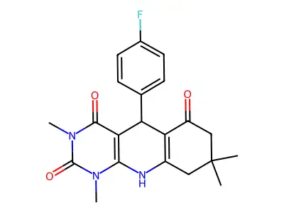 5-(4-fluorophenyl)-1,3,8,8-tetramethyl-5,8,9,10-tetrahydropyrimido[4,5-b]quinoline-2,4,6(1H,3H,7H)-trione structure