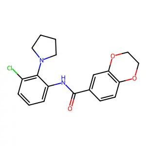 N-(3-chloro-2-pyrrolidin-1-ylphenyl)-2,3-dihydro-1,4-benzodioxine-6-carboxamide structure