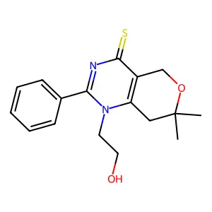 1-(2-hydroxyethyl)-7,7-dimethyl-2-phenyl-5,8-dihydropyrano[4,3-d]pyrimidine-4-thione structure