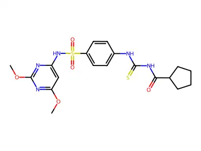 N-{[(4-{[(2,6-dimethoxy-4-pyrimidinyl)amino]sulfonyl}phenyl)amino]carbonothioyl}cyclopentanecarboxamide structure