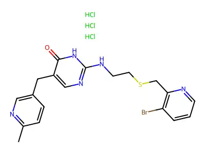 4(1H)-Pyrimidinone, 2-((2-(((3-bromo-2-pyridinyl)methyl)thio)ethyl)amino)-5-((6-methyl-3-pyridinyl)methyl)-, trihydrochloride structure