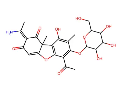 (2E)-6-acetyl-2-(1-aminoethylidene)-9-hydroxy-8,9b-dimethyl-7-[3,4,5-trihydroxy-6-(hydroxymethyl)oxan-2-yl]oxydibenzofuran-1,3-dione structure