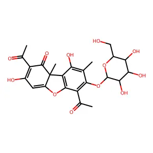 2,6-diacetyl-3,9-dihydroxy-8,9b-dimethyl-7-[3,4,5-trihydroxy-6-(hydroxymethyl)oxan-2-yl]oxydibenzofuran-1-one structure