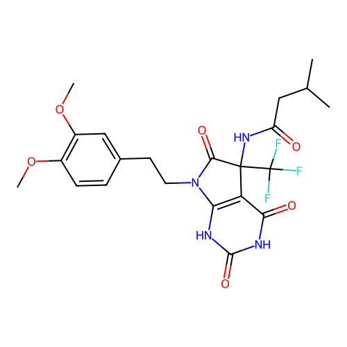 N-(7-(3,4-dimethoxyphenethyl)-2,4,6-trioxo-5-(trifluoromethyl)-2,3,4,5,6,7-hexahydro-1H-pyrrolo[2,3-d]pyrimidin-5-yl)-3-methylbutanamide structure