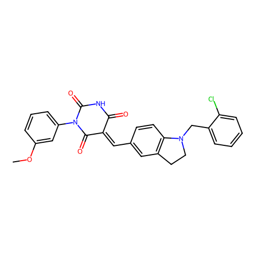 (5E)-5-[[1-[(2-chlorophenyl)methyl]-2,3-dihydroindol-5-yl]methylidene]-1-(3-methoxyphenyl)-1,3-diazinane-2,4,6-trione structure