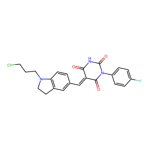 (5E)-5-[[1-(3-chloropropyl)-2,3-dihydroindol-5-yl]methylidene]-1-(4-fluorophenyl)-1,3-diazinane-2,4,6-trione structure