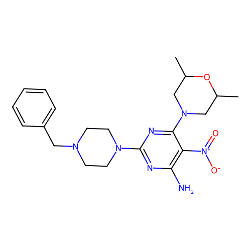 2-(4-benzylpiperazin-1-yl)-6-(2,6-dimethylmorpholin-4-yl)-5-nitropyrimidin-4-amine structure