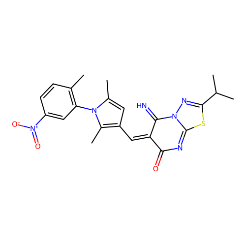(E)-6-((2,5-dimethyl-1-(2-methyl-5-nitrophenyl)-1H-pyrrol-3-yl)methylene)-5-imino-2-isopropyl-5H-[1,3,4]thiadiazolo[3,2-a]pyrimidin-7(6H)-one structure