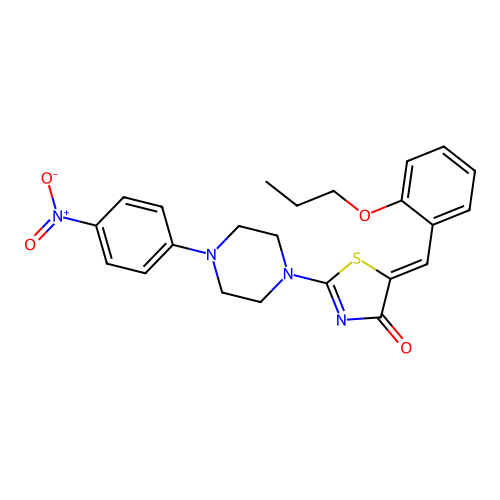 (Z)-2-(4-(4-nitrophenyl)piperazin-1-yl)-5-(2-propoxybenzylidene)thiazol-4(5H)-one structure