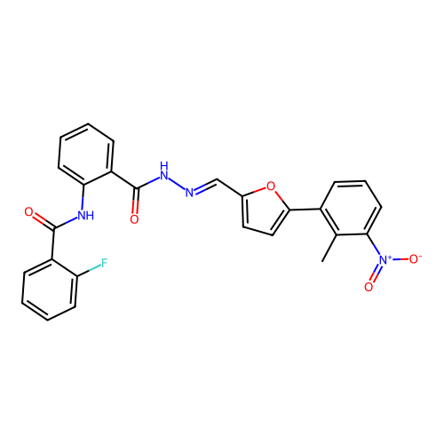 (E)-2-fluoro-N-(2-(2-((5-(2-methyl-3-nitrophenyl)furan-2-yl)methylene)hydrazinecarbonyl)phenyl)benzamide structure