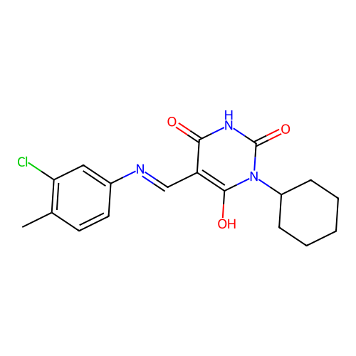 (E)-5-(((3-chloro-4-methylphenyl)amino)methylene)-1-cyclohexylpyrimidine-2,4,6(1H,3H,5H)-trione structure