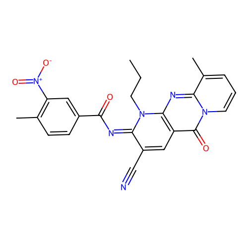 (E)-N-(3-cyano-10-methyl-5-oxo-1-propyl-1H-dipyrido[1,2-a:2',3'-d]pyrimidin-2(5H)-ylidene)-4-methyl-3-nitrobenzamide structure