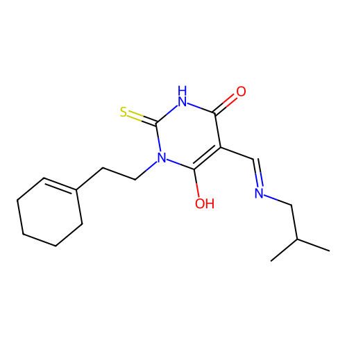 (5E)-1-[2-(cyclohex-1-en-1-yl)ethyl]-5-{[(2-methylpropyl)amino]methylidene}-2-sulfanylpyrimidine-4,6(1H,5H)-dione structure