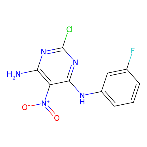 2-chloro-N-(3-fluorophenyl)-5-nitropyrimidine-4,6-diamine structure