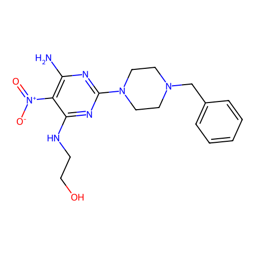 2-((6-Amino-2-(4-benzylpiperazin-1-yl)-5-nitropyrimidin-4-yl)amino)ethanol structure