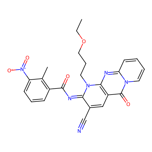 (E)-N-(3-cyano-1-(3-ethoxypropyl)-5-oxo-1H-dipyrido[1,2-a:2',3'-d]pyrimidin-2(5H)-ylidene)-2-methyl-3-nitrobenzamide structure
