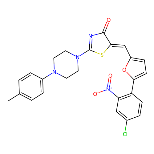 (5Z)-5-[[5-(4-chloro-2-nitrophenyl)furan-2-yl]methylidene]-2-[4-(4-methylphenyl)piperazin-1-yl]-1,3-thiazol-4-one structure