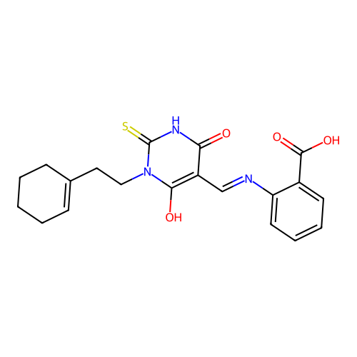 (E)-2-(((1-(2-(cyclohex-1-en-1-yl)ethyl)-4,6-dioxo-2-thioxotetrahydropyrimidin-5(2H)-ylidene)methyl)amino)benzoic acid structure