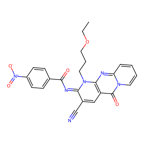 (E)-N-(3-cyano-1-(3-ethoxypropyl)-5-oxo-1H-dipyrido[1,2-a:2',3'-d]pyrimidin-2(5H)-ylidene)-4-nitrobenzamide structure