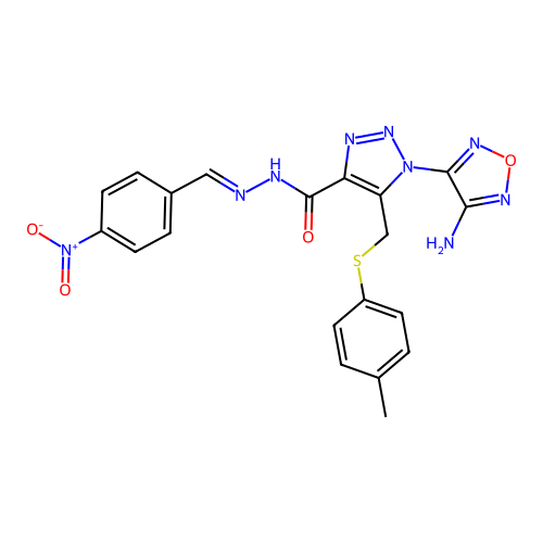 (E)-1-(4-amino-1,2,5-oxadiazol-3-yl)-N'-(4-nitrobenzylidene)-5-((p-tolylthio)methyl)-1H-1,2,3-triazole-4-carbohydrazide structure