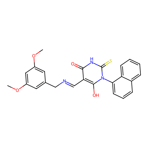 (5E)-5-[[(3,5-dimethoxyphenyl)methylamino]methylidene]-1-naphthalen-1-yl-2-sulfanylidene-1,3-diazinane-4,6-dione structure