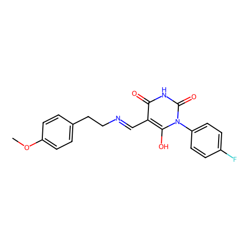 1-(4-fluorophenyl)-5-[[2-(4-methoxyphenyl)ethylamino]methylidene]-1,3-diazinane-2,4,6-trione structure