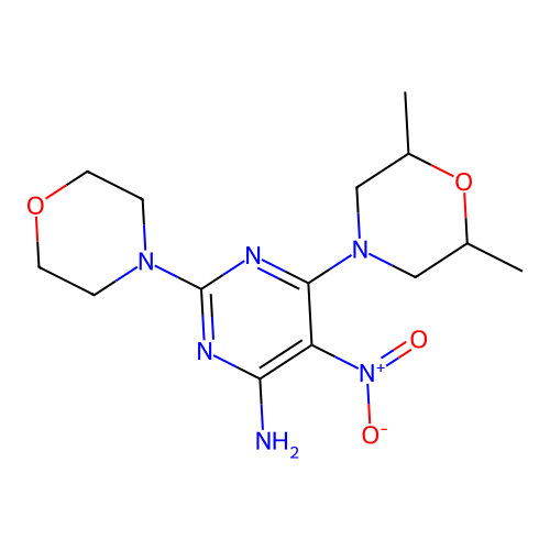 6-(2,6-Dimethylmorpholin-4-yl)-2-(morpholin-4-yl)-5-nitropyrimidin-4-amine structure