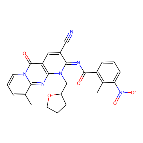 (E)-N-(3-cyano-10-methyl-5-oxo-1-((tetrahydrofuran-2-yl)methyl)-1H-dipyrido[1,2-a:2',3'-d]pyrimidin-2(5H)-ylidene)-2-methyl-3-nitrobenzamide structure