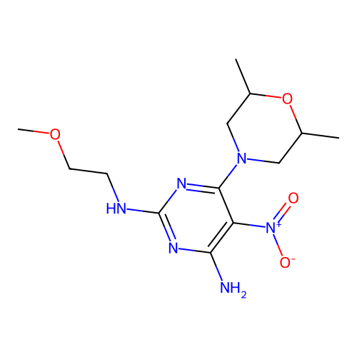 [4-amino-6-(2,6-dimethylmorpholin-4-yl)-5-nitropyrimidin-2-yl](2-methoxyethyl) amine structure