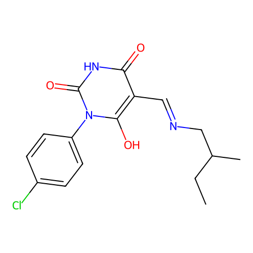 1-(4-chlorophenyl)-5-[(2-methylbutylamino)methylidene]-1,3-diazinane-2,4,6-trione structure