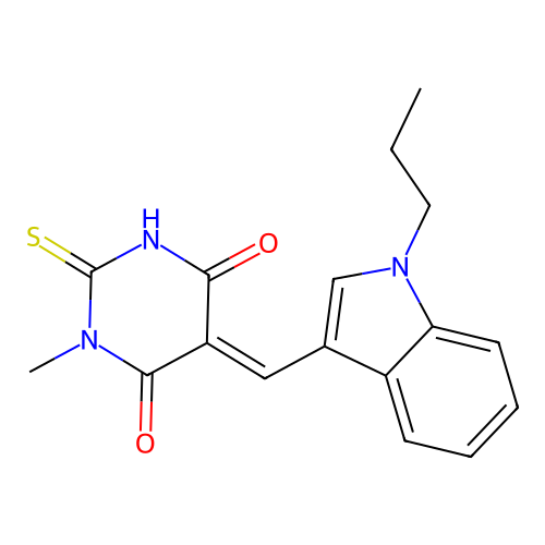 (5E)-1-methyl-5-[(1-propylindol-3-yl)methylidene]-2-sulfanylidene-1,3-diazinane-4,6-dione structure
