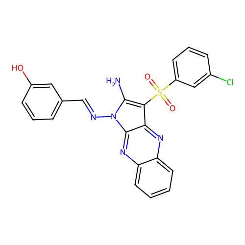 3-[(E)-[2-amino-3-(3-chlorophenyl)sulfonylpyrrolo[3,2-b]quinoxalin-1-yl]iminomethyl]phenol structure