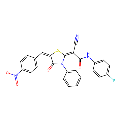 (E)-2-cyano-N-(4-fluorophenyl)-2-((E)-5-(4-nitrobenzylidene)-4-oxo-3-phenylthiazolidin-2-ylidene)acetamide structure