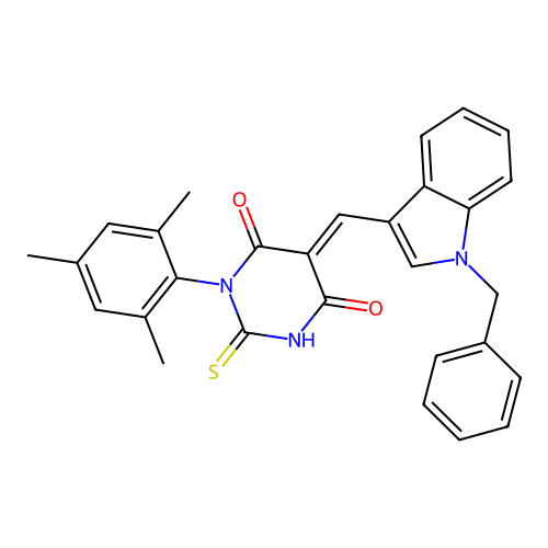 (5E)-5-[(1-benzyl-1H-indol-3-yl)methylidene]-2-sulfanyl-1-(2,4,6-trimethylphenyl)pyrimidine-4,6(1H,5H)-dione structure