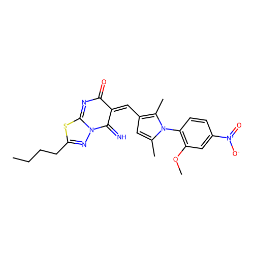 (6E)-2-butyl-5-imino-6-[[1-(2-methoxy-4-nitrophenyl)-2,5-dimethylpyrrol-3-yl]methylidene]-[1,3,4]thiadiazolo[3,2-a]pyrimidin-7-one structure